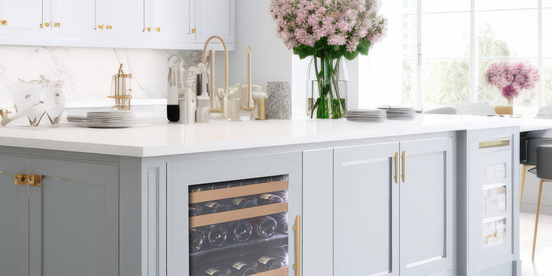 A panel-ready wine fridge with a beautiful matching blue overlay panel