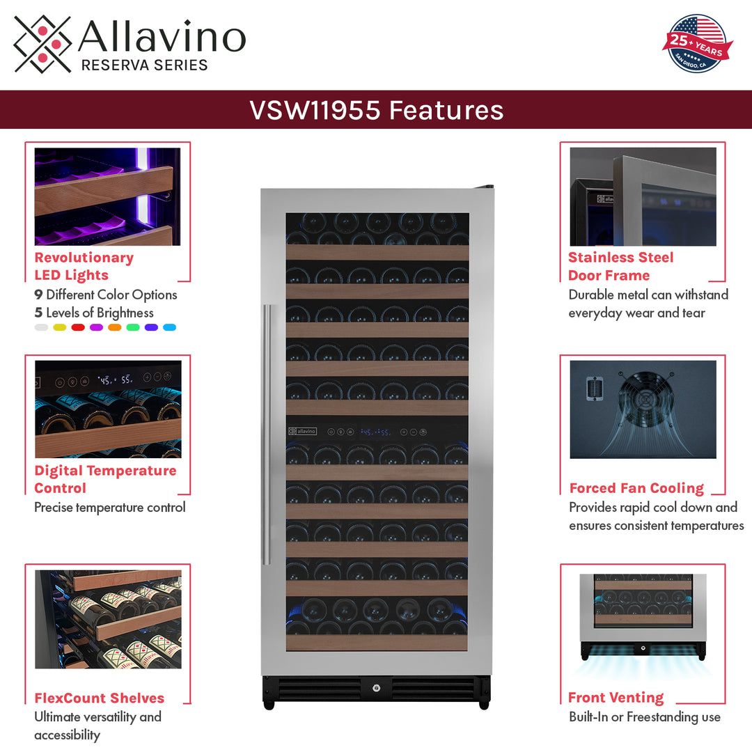 Allavino reserva VSW11955D-2SR stainless steel dual zone wine refrigerator