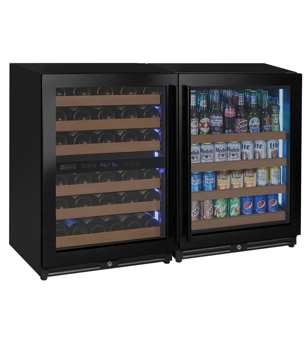 Reserva Series 102 Bottle Three Zone Built-in Luxury Wine Refrigerator & Beverage Center with Black Metal Doors - Side-by-Side