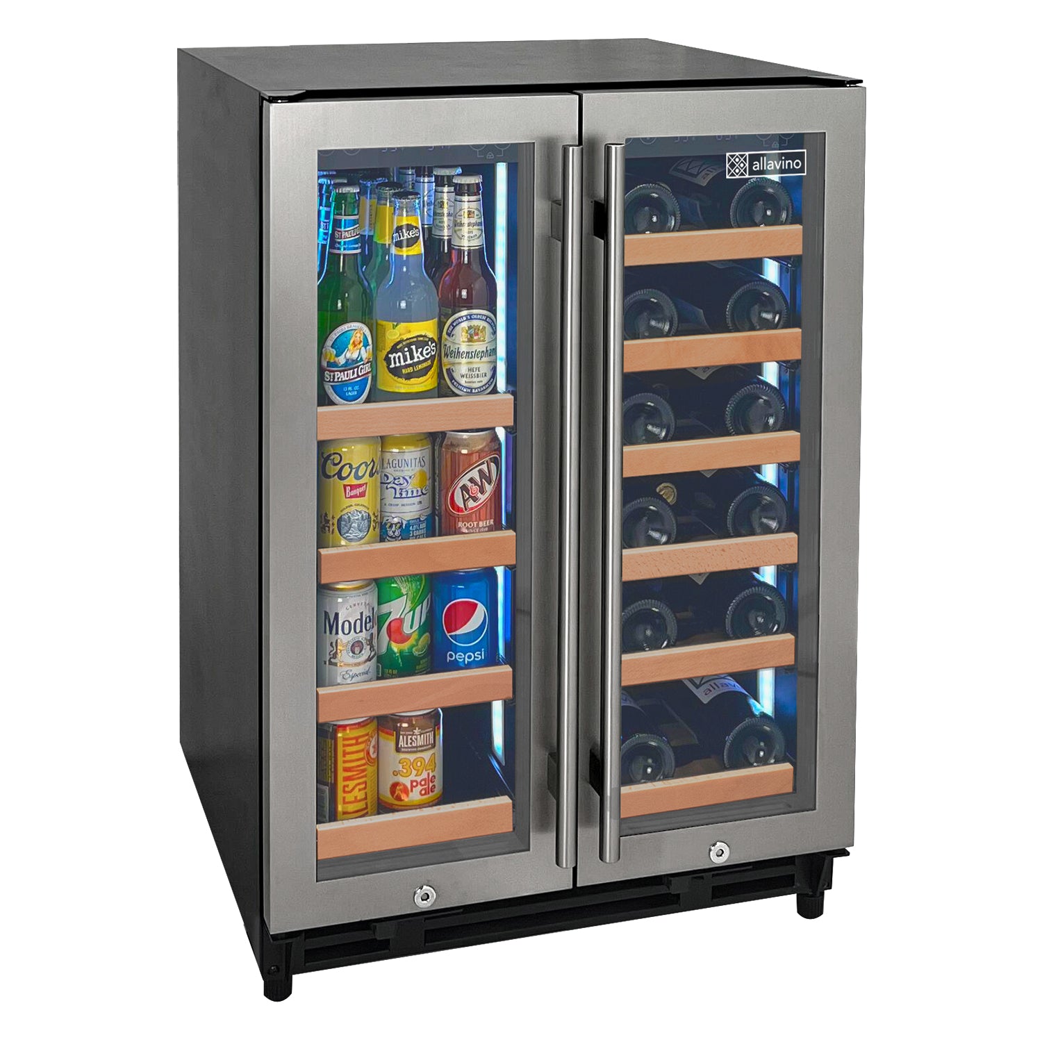 Two Door Stainless Steel Wood Shelf Wine Refrigerator/Beverage