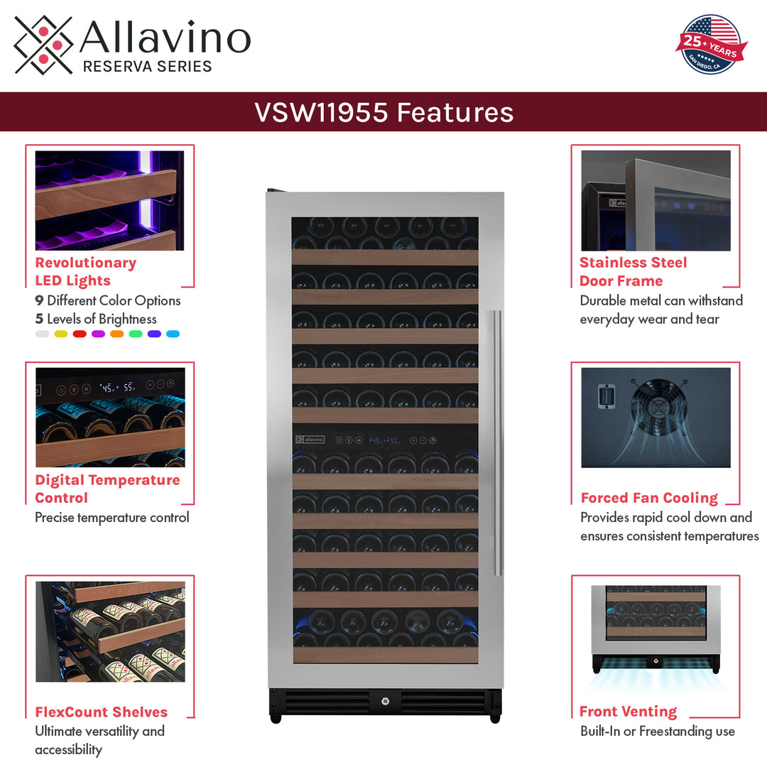 Allavino reserva VSW11955D-2SL stainless steel dual zone wine refrigerator