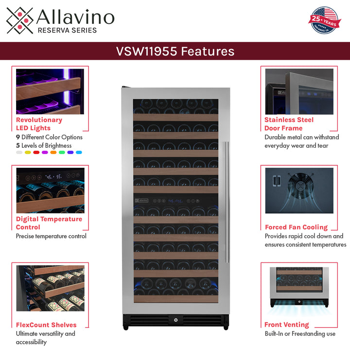 Allavino reserva VSW11955D-2SL stainless steel dual zone wine refrigerator