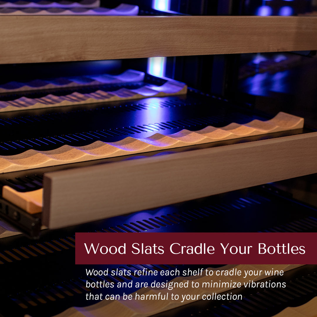 sapele wood fronts with wooden slats to cradle your wine bottles