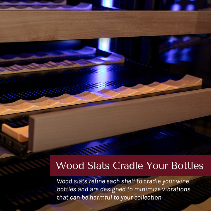 sapele wood fronts with wooden slats to cradle your wine bottles