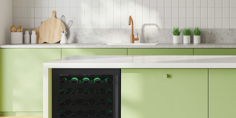 An Allavino Reserva series wine fridge fits neatly under the counter of an attractive modern kitchen