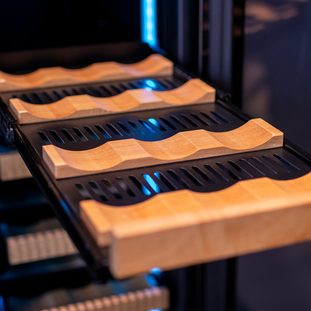 Specially-designed Flexcount shelving with indentations to cradle precious wines
