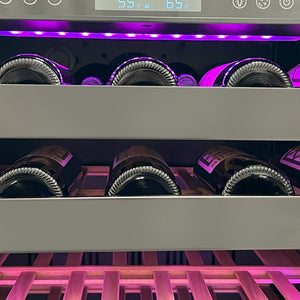 Vibrant LED lighting illuminates rows of wine bottles