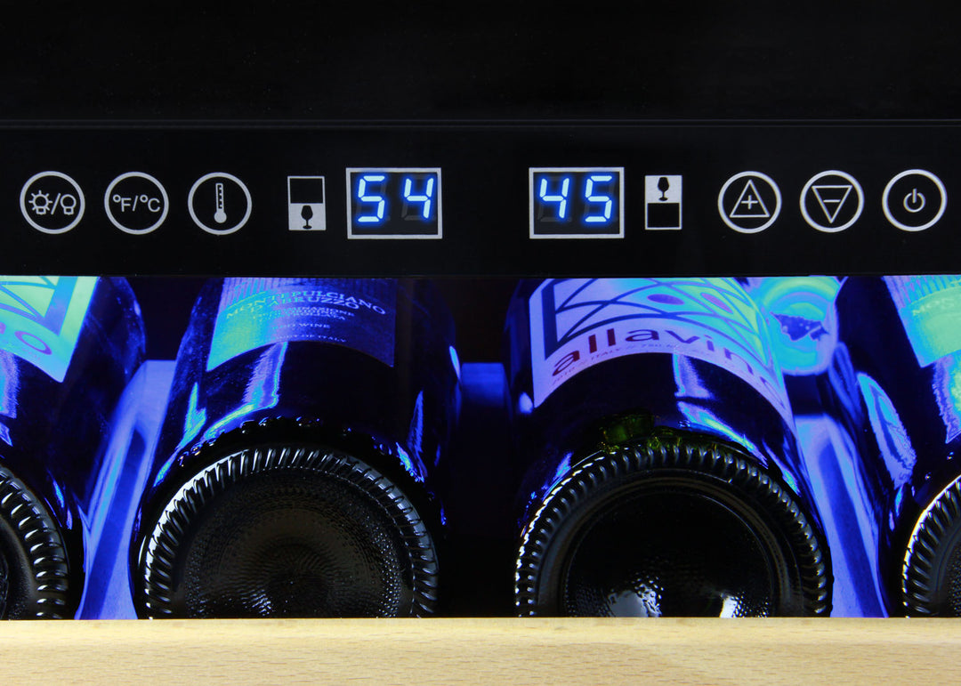 Tru-Vino themostat settings applied to a row of wine bottles
