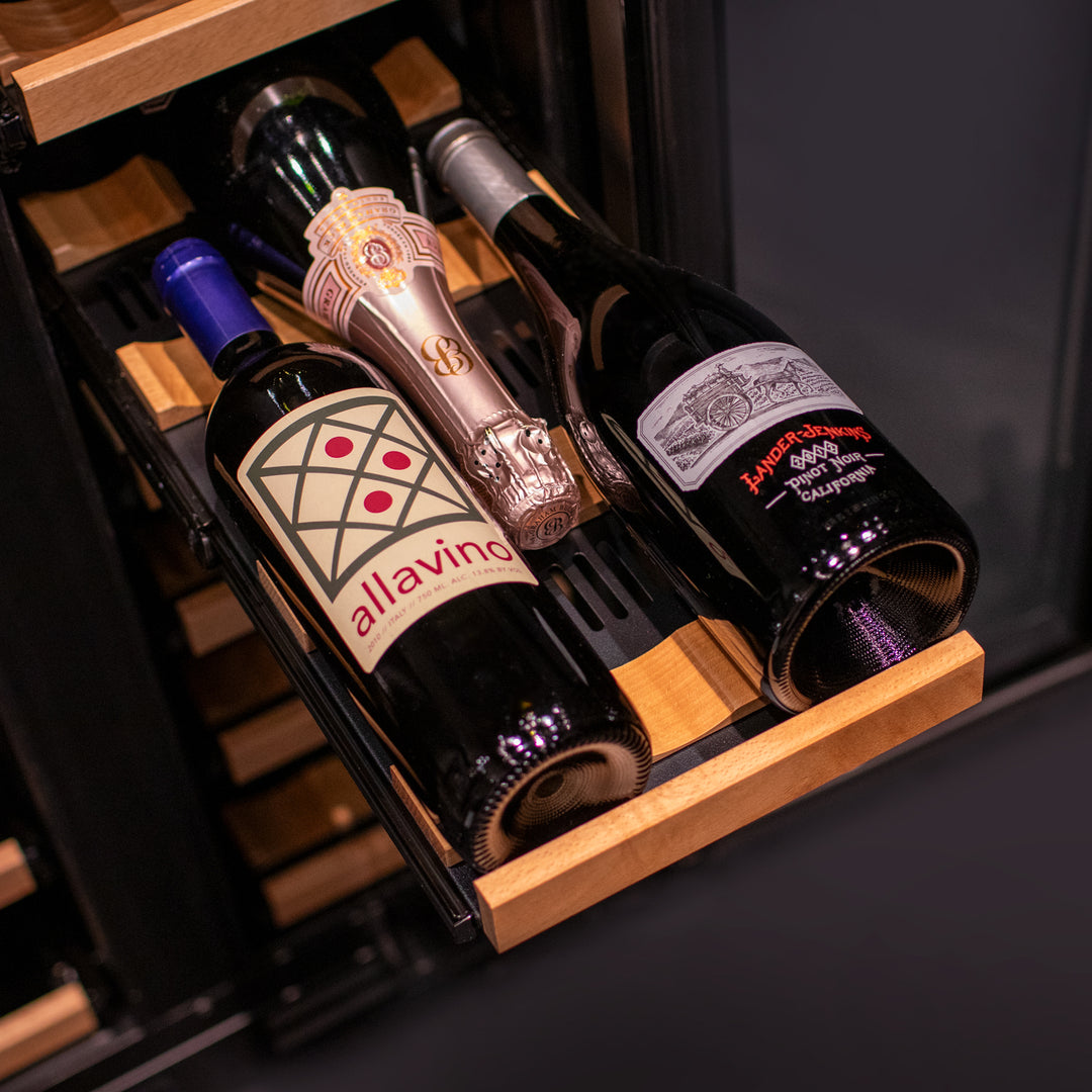 Bottles of varying sizes fit easily on wooden shelf slats