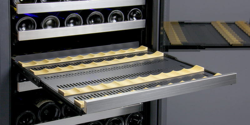 An empty wine cooler shelf showing off the versatile storage rack inside