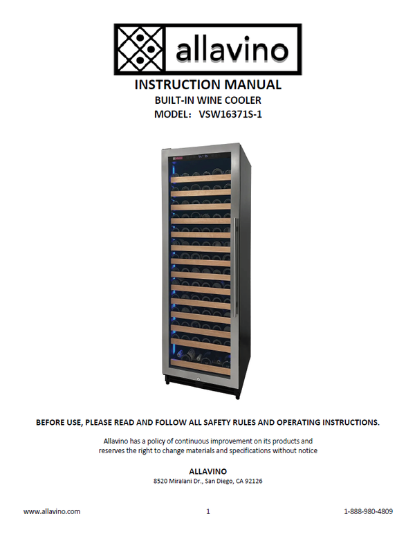 A product manual for the VSW16371S-1 refrigeration unit