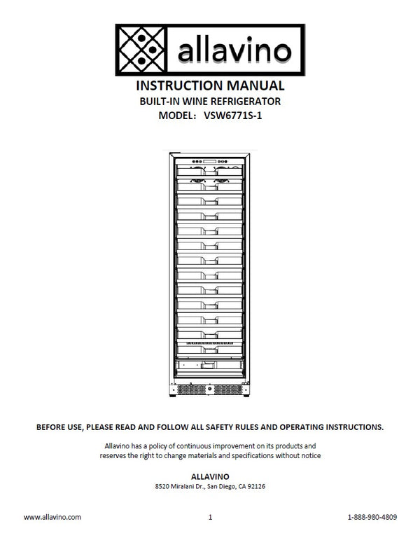 The instruction manual for VSW6771S-1 coolers
