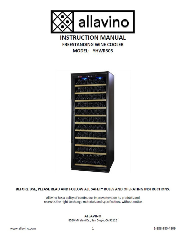 The product manual for the YHWR305 wine cooler
