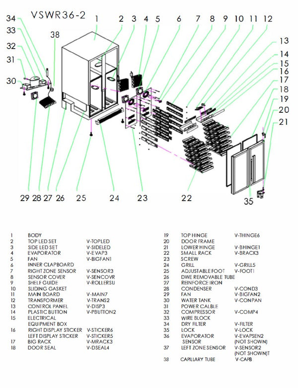 The parts diagram from VSWR36 wine refrigerators