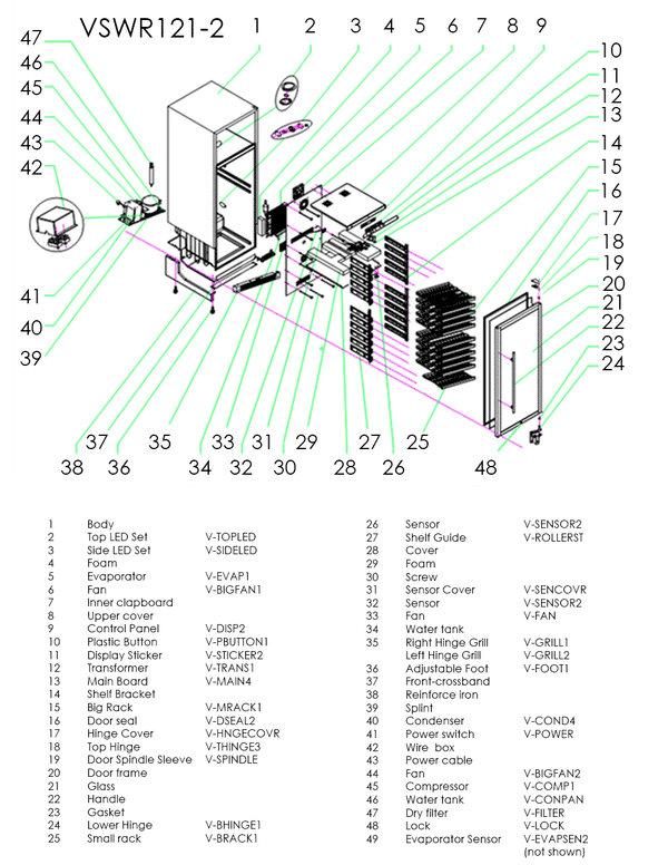 A diagram of the parts in the VSWR121-2