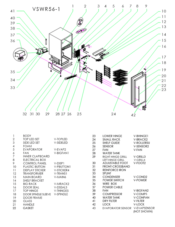 A parts diagram for the VSWR56-1 wine cooler