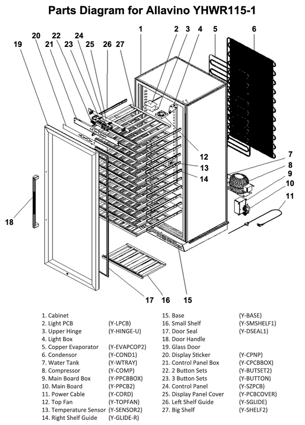 A diagram of the parts that make up the YHWR115-1