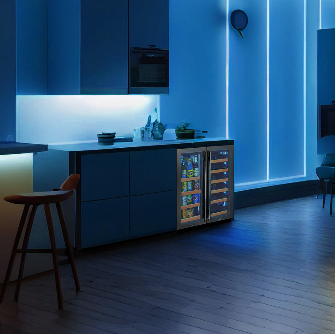A beverage center provides chilled beverages in a room with cool blue lighting