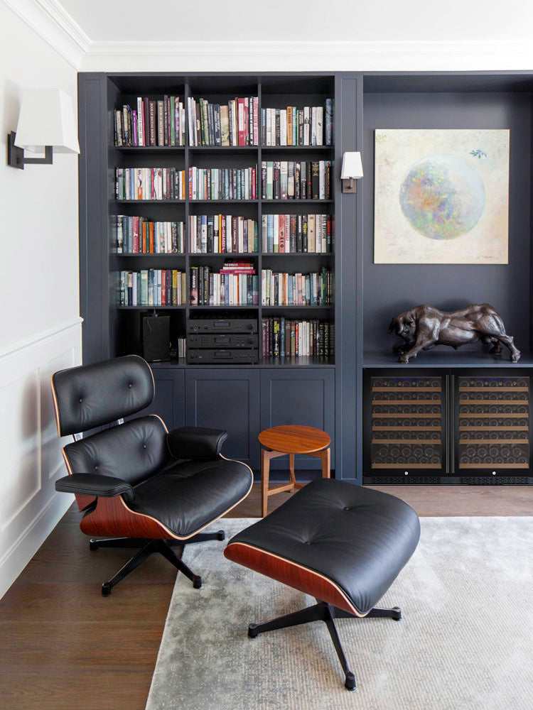 a modern book nook with a dual zone wine refrigerator