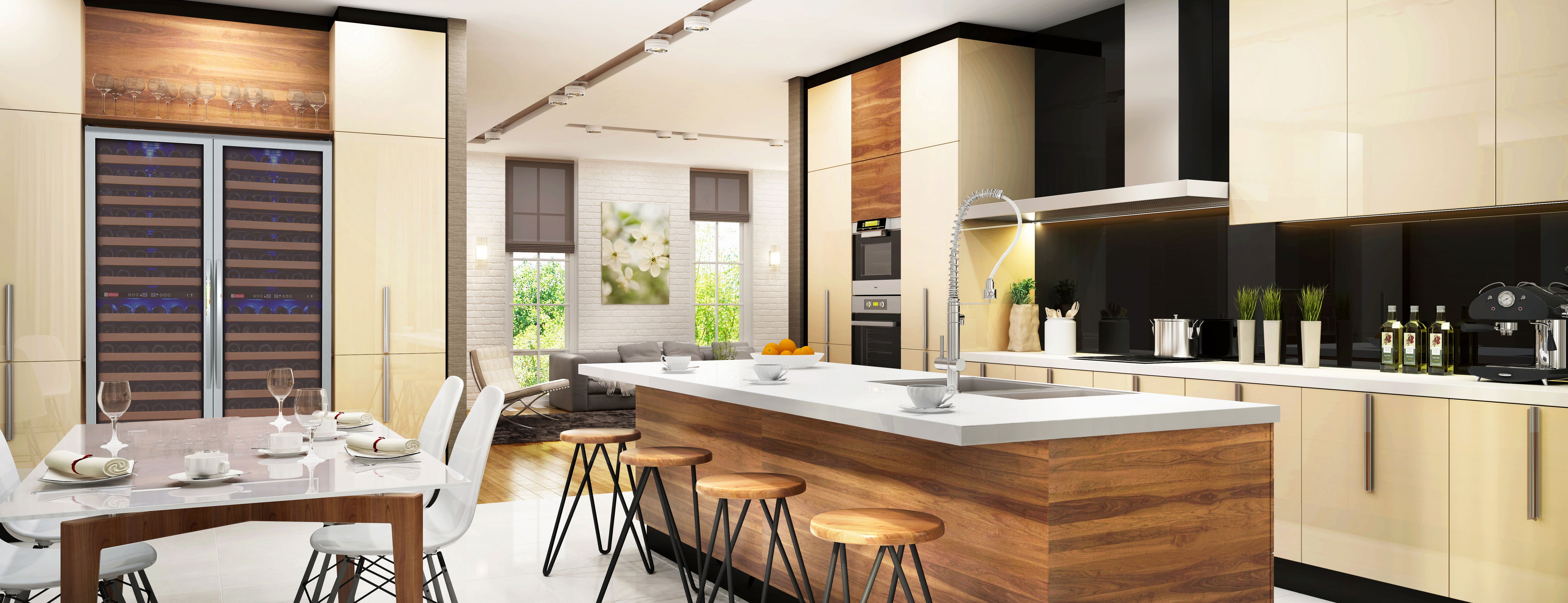 A pair of tall built-in wine coolers compliment the warm, off-white cabinetry of a home kitchen