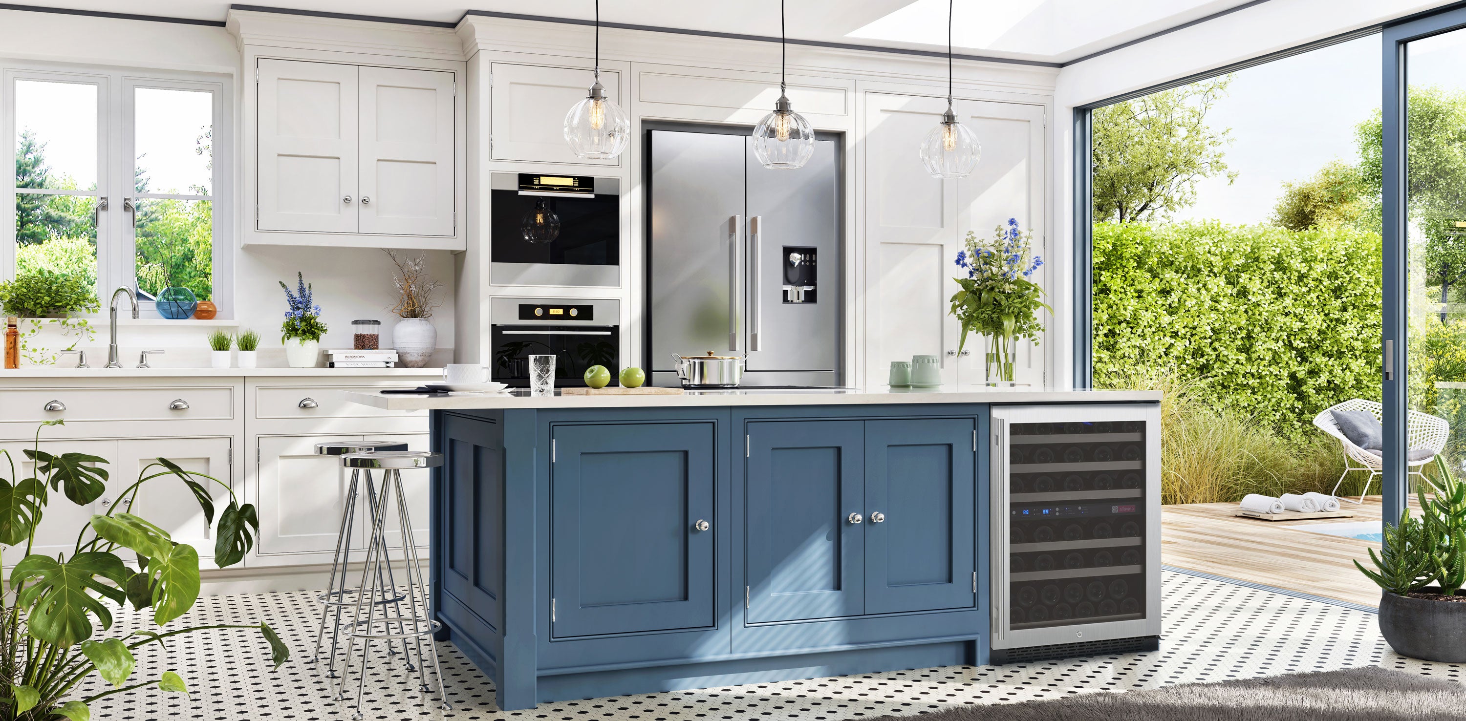 A beautiful, bright kitchen decorated with houseplants has a compact wine cooler built into the blue kitchen island